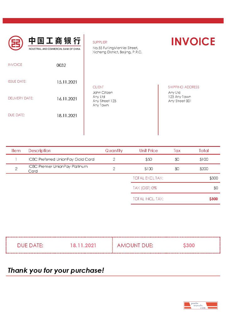 USA ICBC invoice template PSD template